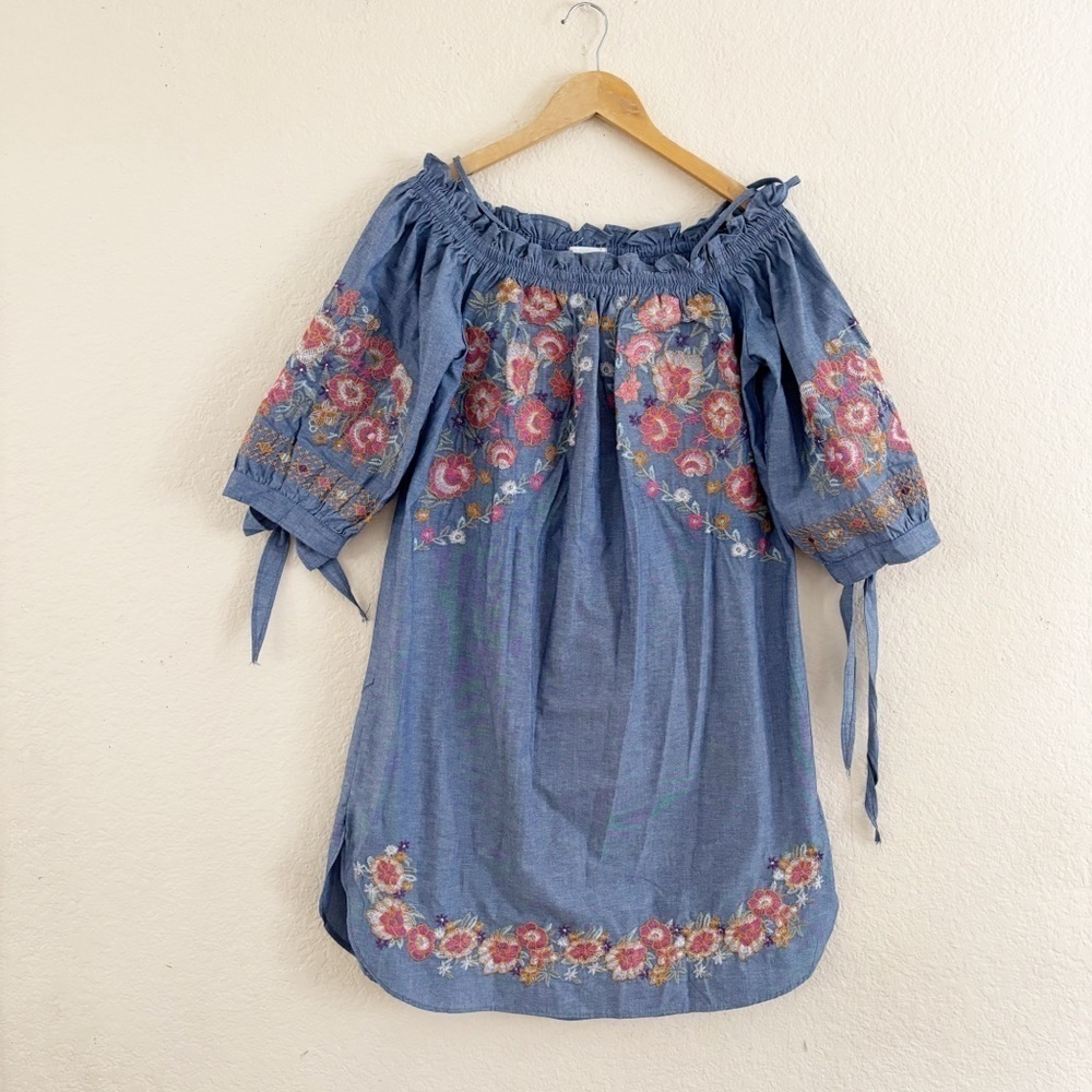 Nare Moda Embroidered Chambray Off Shoulder Dress L Blue Floral Boho
